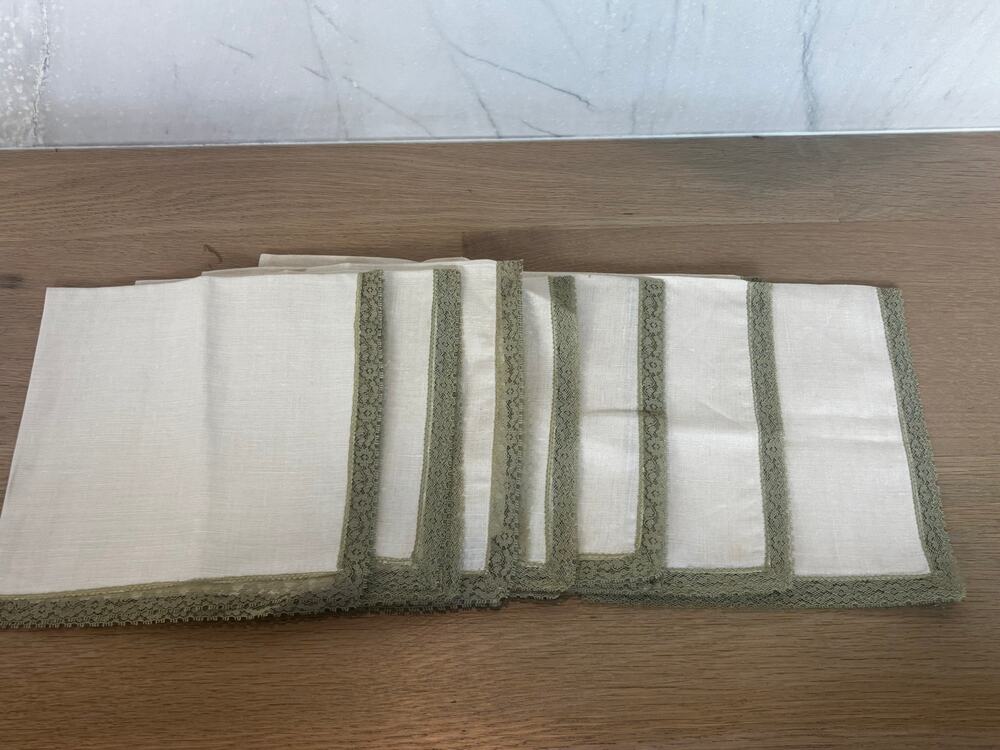 Set 6 Vintage 100% Linen Napkins 17x17 Sage Lace Trim Cottage Chic
